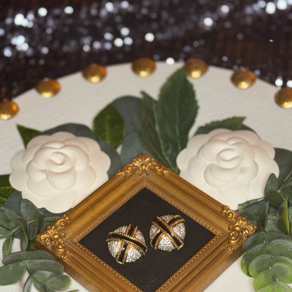 Elegant Gold-tone Clip on Earrings With Black Enamel X And Crystals - Picture 8 of 16